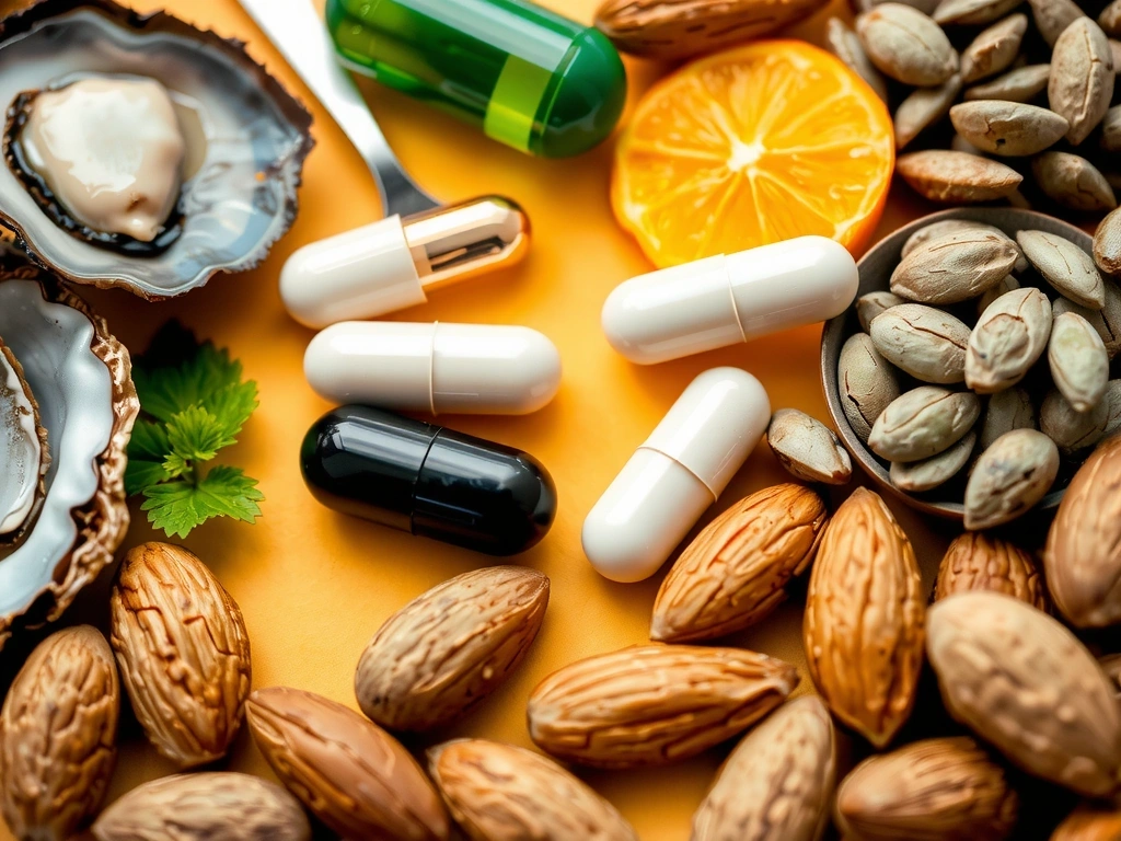 Gros plan sur des compléments de zinc et des aliments riches en zinc comme des huîtres et des noix